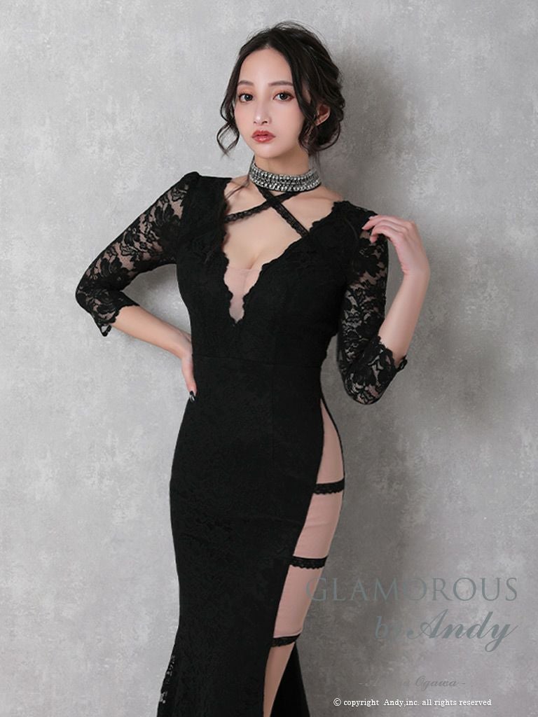 キャバドレス Andy アンディ 高級総レースクロスネック袖ありスリットタイトロングドレス