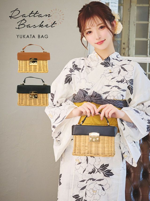 [浴衣小物] 2Wayラタンボックス型ミニかごバッグ