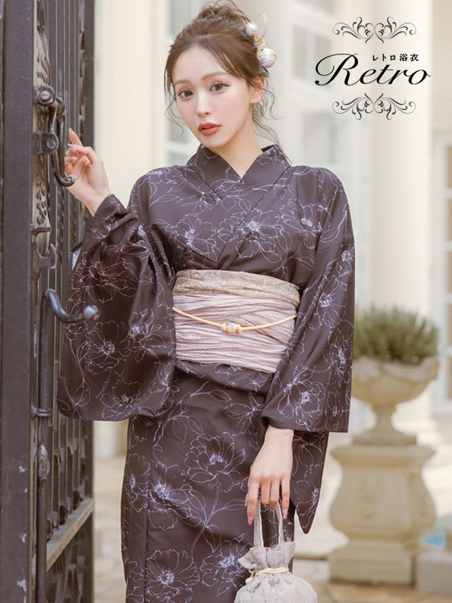 [浴衣] レトロ モノトーン線画フラワー 3点セット (ゆかた・兵児帯・下駄)