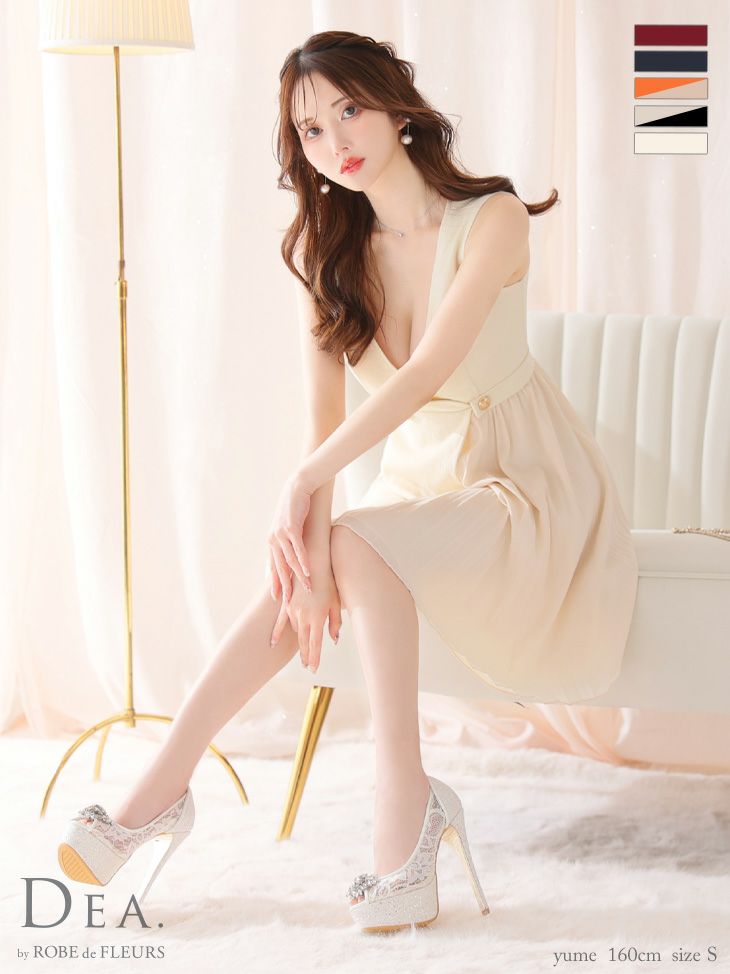 キャバドレス ミニドレス DEA.byROBEdeFLEURS ディアバイローブドフルール 高級ノースリーブウエストベルトプリーツ切替フレアミニドレス