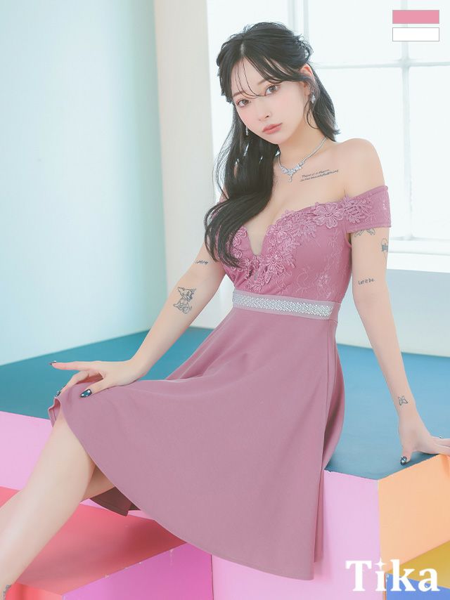 キャバドレス ミニ丈 フレア 大きいサイズ Aライン ミニドレス オフショル キャバクラ