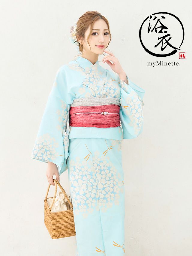 [浴衣] プチプラ 安い 水色地×華やか桜 2点セット (ゆかた・兵児帯)
