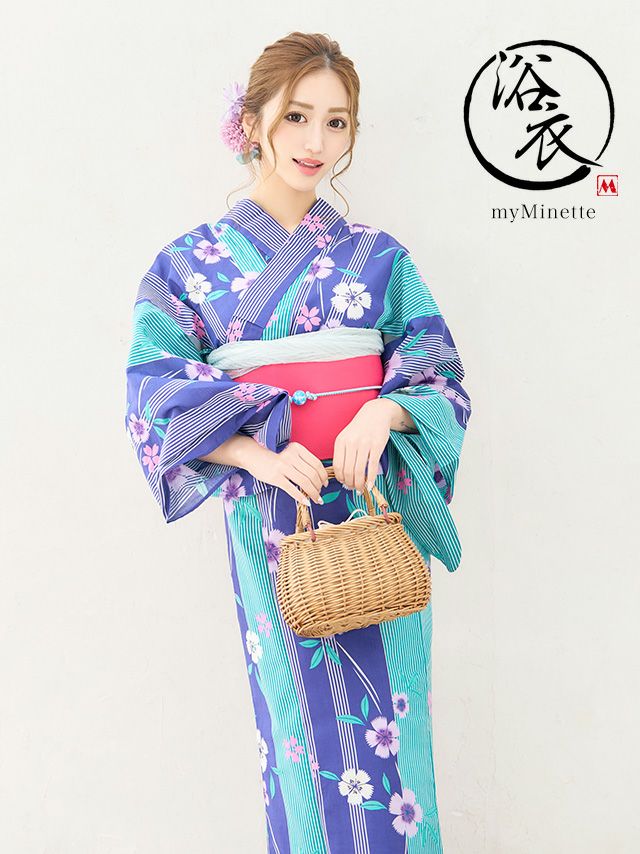 [浴衣] プチプラ 安い マルチストライプ×ピンク桜 3点セット (ゆかた・作り帯・下駄)