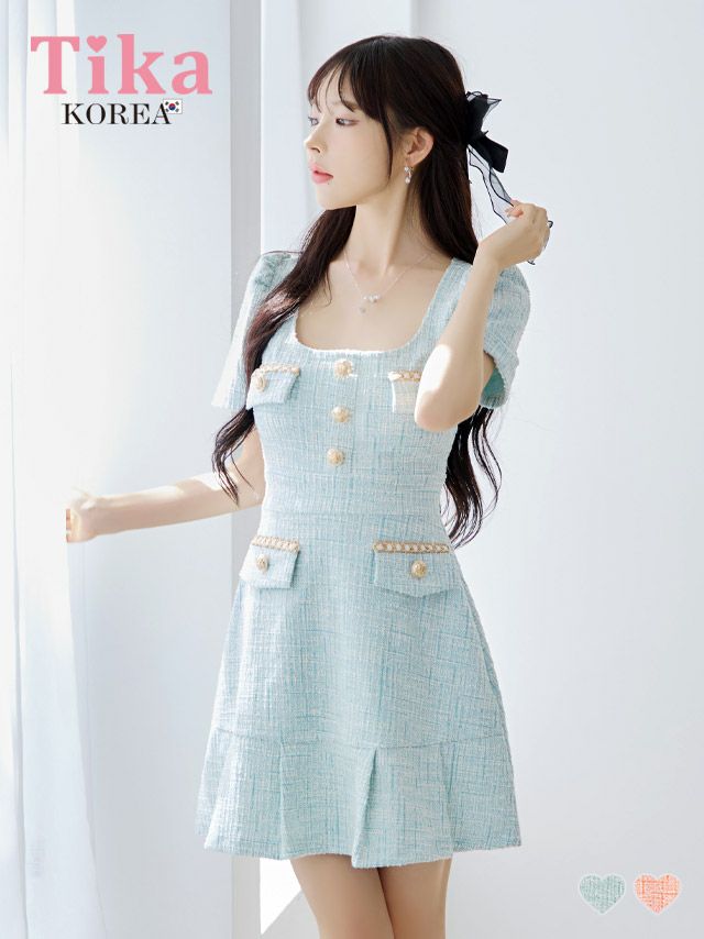 メイン画像 キャバドレス 韓国 ワンピース Aライン ミニドレス 大人 上品 ツイード 半袖 パフスリーブ ブラジャーのまま 裾プリーツ ミント 水色 Aライン ミニドレス (緩苺着用) [tk-mdk6084-10]