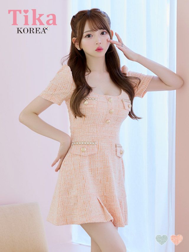 メイン画像 キャバドレス 韓国 ワンピース Aライン ミニドレス 大人 上品 ツイード 半袖 パフスリーブ ブラジャーのまま 裾プリーツ オレンジ Aライン ミニドレス (黒崎みさ着用) [tk-mdk6084-10a]