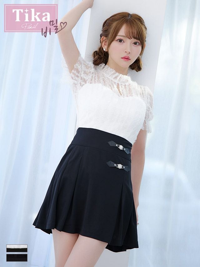 メイン画像 キャバドレス 韓国 モノトーンウエスト切替レースデザイン半袖フレアミニドレス (Sサイズ～Lサイズ) (黒崎みさ/キャバドレス着用)