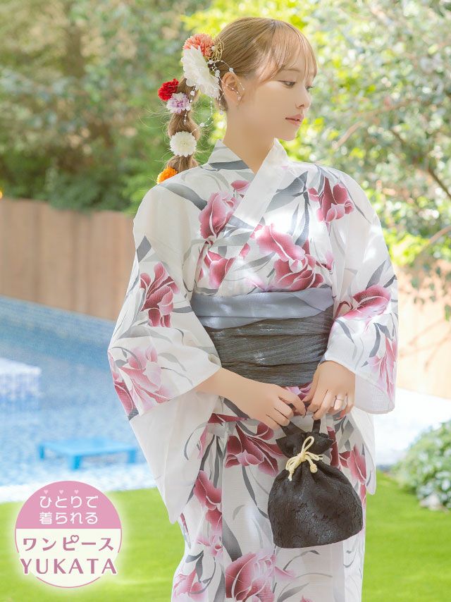 [ワンピース浴衣] 涼やか菖蒲 レトロ まやりん着用 簡単 一人で着れる 3点セット (ゆかた羽織・ワンピース・兵児帯)