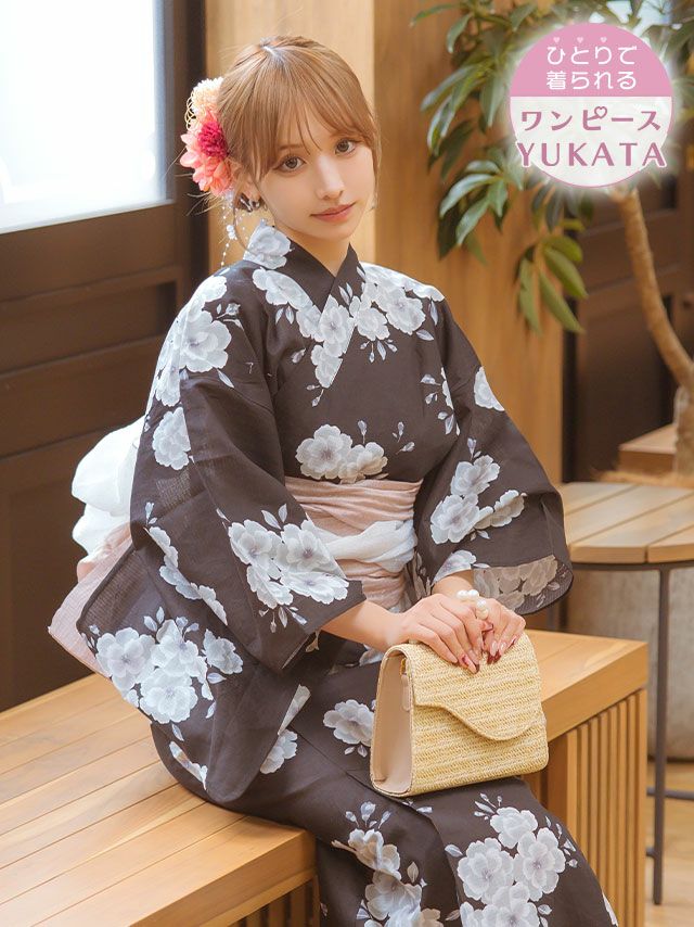 [ワンピース浴衣] モノトーン桜 レトロ 簡単 一人で着れる 3点セット まやりん着用  (ゆかた羽織・ワンピース・兵児帯)