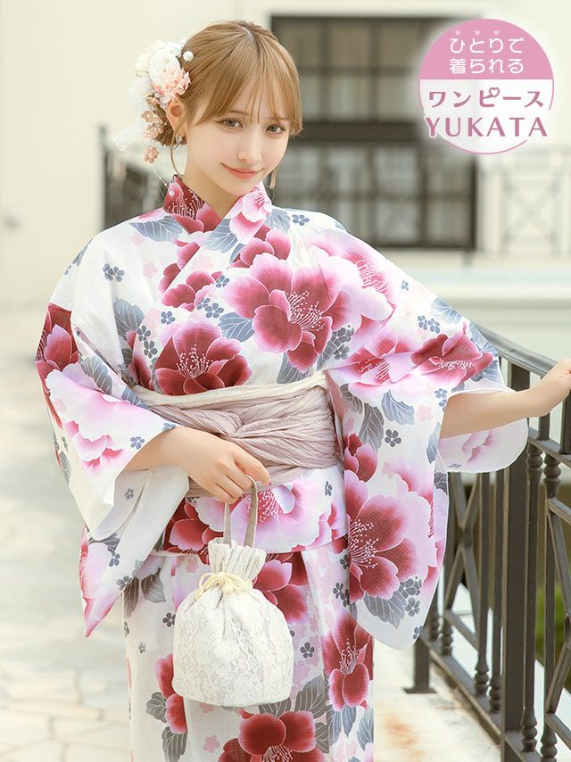 [ワンピース浴衣] ピンク牡丹 レトロ 簡単 一人で着れる 3点セット まやりん着用 (ゆかた羽織・ワンピース・兵児帯)