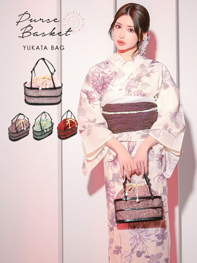 [浴衣小物] 巾着付きフラワー刺繍竹かごバッグ