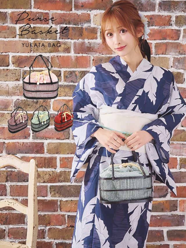 [浴衣小物] 巾着付き楕円型フラワー刺繍竹かごバッグ