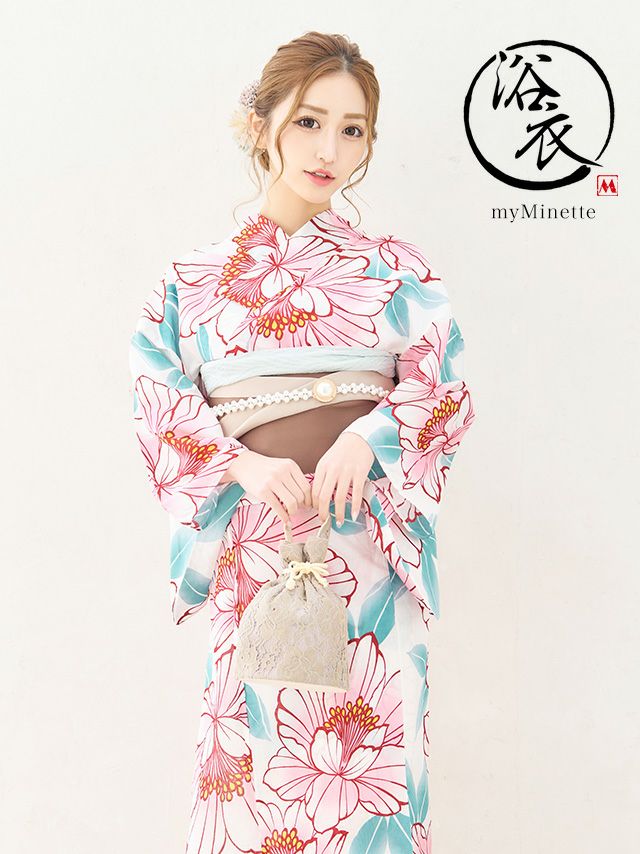 [浴衣] プチプラ 安い 白地×ピンクニュアンスフラワー 2点セット (ゆかた・平帯)