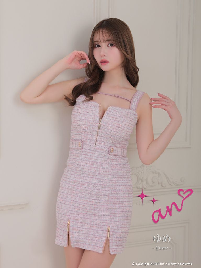 キャバドレス Andy アンディ 高級ツイードジップリボンノースリーブタイトミニドレス