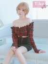 メイン画像 キャバドレス 韓国 オフショルダー長袖 袖ありバッファローチェックウエストカット切り替えタイトミニドレス (Sサイズ～Lサイズ) (戦慄かなの/キャバドレス着用)