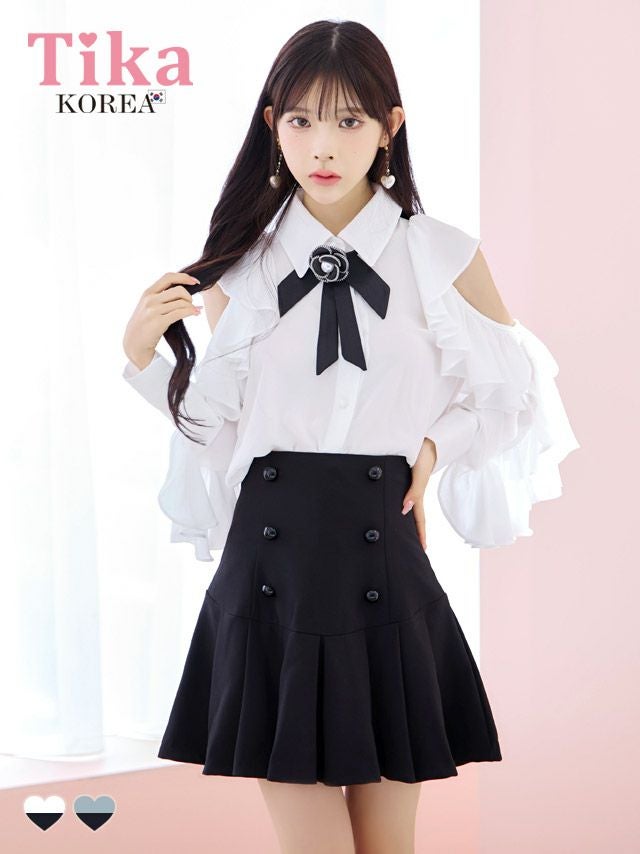 メイン画像 キャバドレス 韓国 [SALE] ワンピース ネックリボン タイ付き 肩出し 二の腕カバー 長袖 袖ありフリルブラウス 胸元カバー ダブルボタン プリーツスカート セットアップ Aライン キャバドレス (緩苺着用) [tk-mdsk123w1]