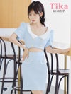 メイン画像 キャバドレス 韓国 ミニドレス 襟付き 半袖 パフスリーブ ウエストカット タイト キャバドレス (緩苺着用) [tk-mdk6043-82]