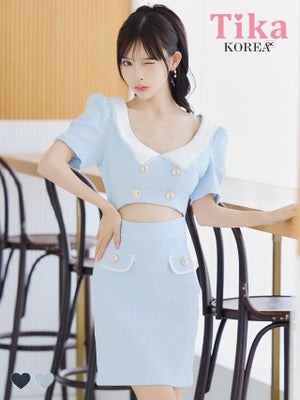  韓国ドレス ミニドレス 襟付き 半袖 パフスリーブ ウエストカット タイト キャバドレス (緩苺着用) [tk-mdk6043-82]