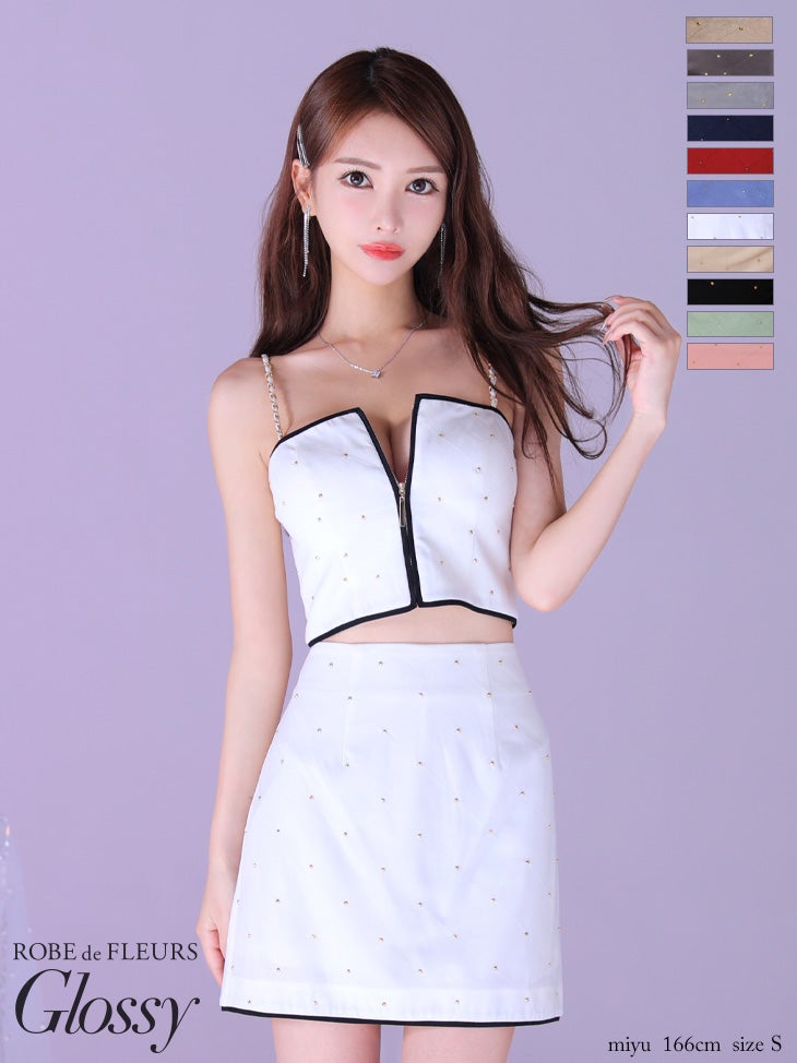 キャバドレス ミニドレス ROBEdeFLEURSGlossy ローブドフルールグロッシー　高級 ジップ スタッズ チェーン キャミソール キルティング セットアップ タイトミニドレス