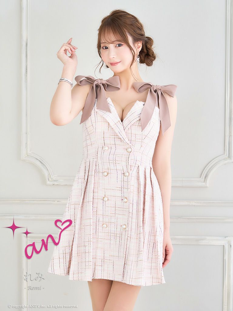 キャバドレス Andy アンディ　高級ツイードノースリーブショルダーリボンフレアミニドレス