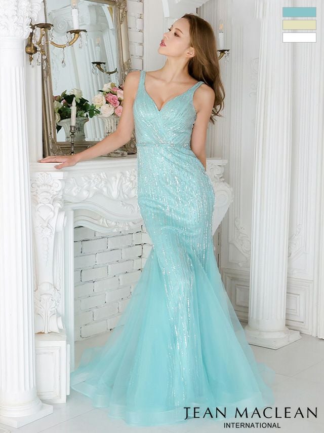 キャバドレス JEANMACLEAN ジャンマクレーン 高級 ボーダー スパンコール ビジュー ノースリーブ マーメイド Aライン ロングドレス