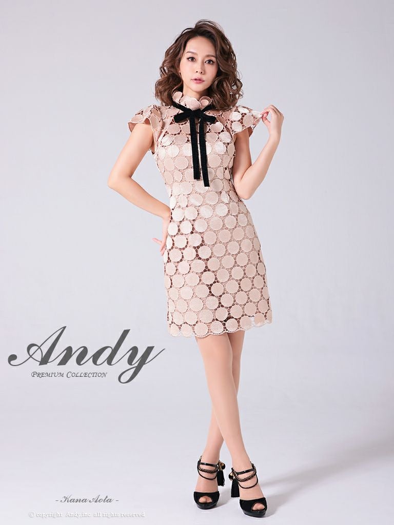 キャバドレス Andy アンディ　高級ノースリーブドット柄レースハイネックリボンタイトミニドレス