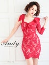  キャバドレス Andy アンディ　高級袖ありフリル花柄レースショルダーリボンタイトミニドレス