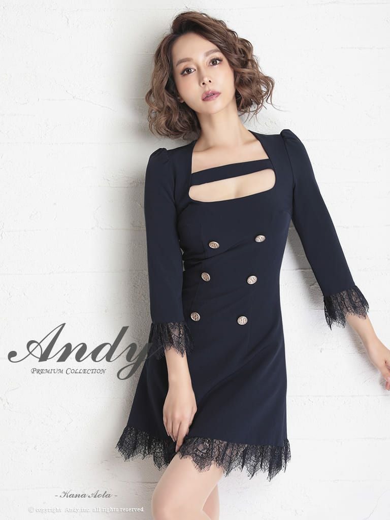 キャバドレス Andy アンディ　高級レースボタン袖ありバストカットフレアミニドレス