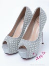 キャバシューズ キラキラ an 高級パール&格子ラインストーンオープントゥ厚底ハイヒール