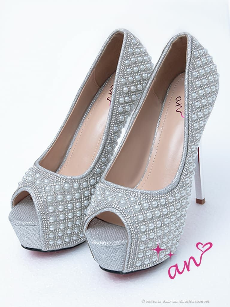 キャバシューズ キラキラ an 高級パール&格子ラインストーンオープントゥ厚底ハイヒール