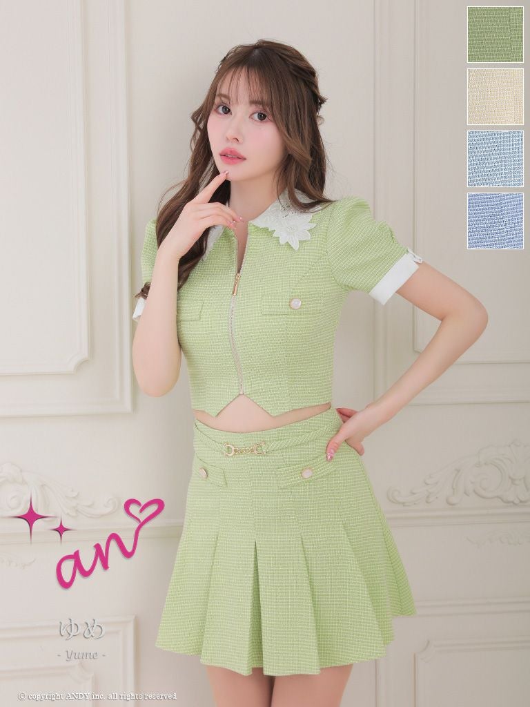 キャバドレス Andy アンディ 高級フロントジップ半袖襟デザインセットアップフレアミニドレス