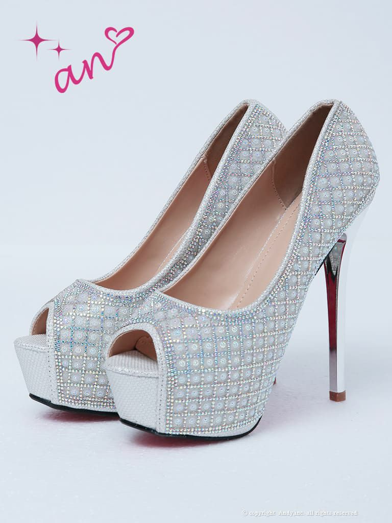 キャバシューズ　an　アン　高級オーロララインストーンオープントゥ厚底ハイヒール