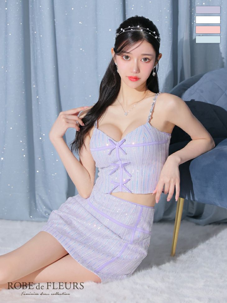 キャバドレス ミニドレス ROBEdeFLEURS ローブドフルール 高級ミニリボンキャミソールセットアップスパンコールフレアミニドレス