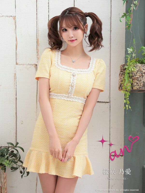 キャバドレス an アン 高級スクエアネックバイカラーデザインツイード半袖タイトミニワンピースドレス