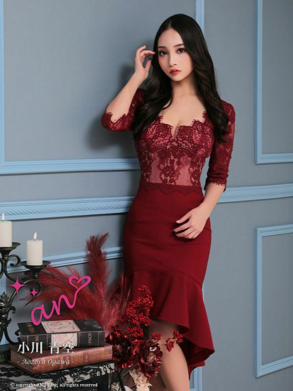 キャバドレス an アン 高級袖ありフラワーレース切替マーメイド膝丈テールドレス