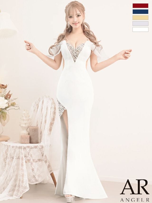 キャバドレス ロングドレス Angel-R エンジェルアール 　高級レース肩あきフラワービジュースリットくびれタイトロングドレス