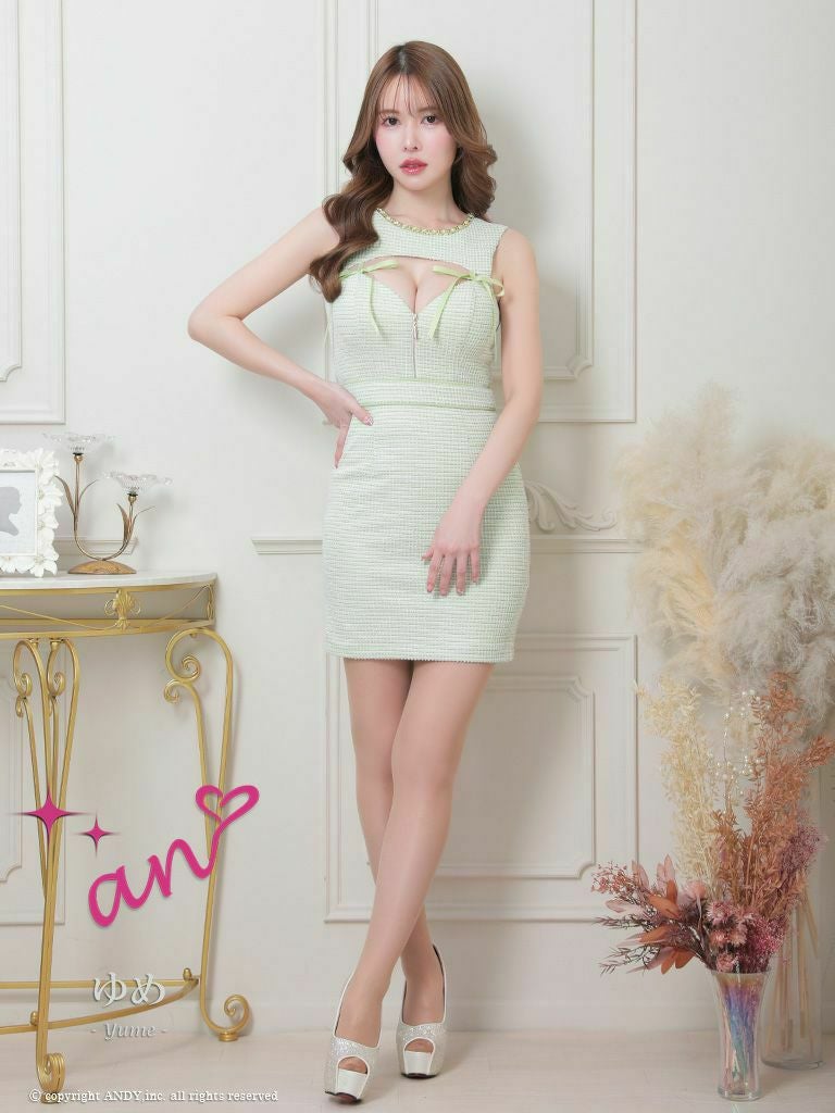 キャバドレス an アン　高級ノースリーブバストカットジップリボンツイードタイトミニドレス