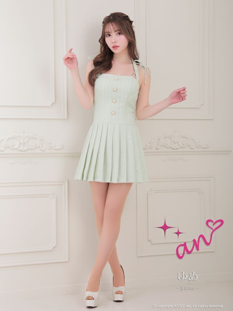 キャバドレス an アン　高級ツイードキャミソールリボンフロントパールボタンプリーツフレアミニドレス