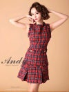 キャバドレス Andy アンディ　高級チェック柄フリンジツイードノースリーブワンピースフレアミニドレス