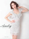 キャバドレス Andy アンディ　高級総レースペンタゴンネック胸元フリルバックリボンフリルウエスト切替ノースリーブタイトミニドレス