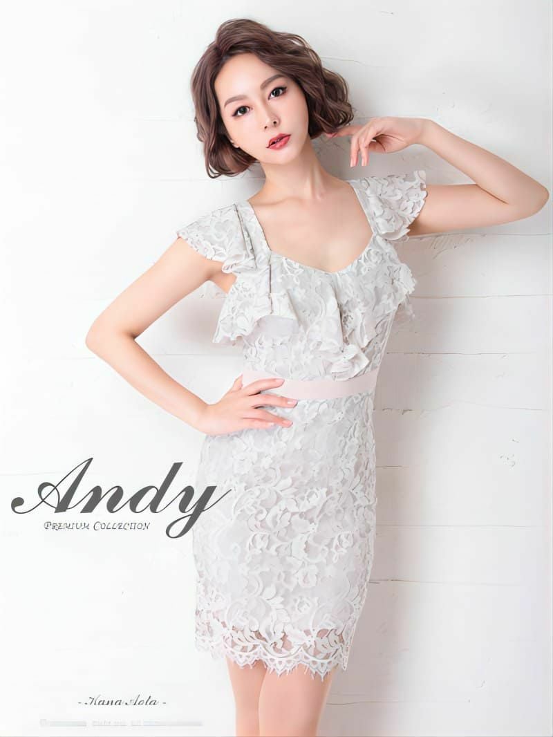 キャバドレス Andy アンディ　高級総レースペンタゴンネック胸元フリルバックリボンフリルウエスト切替ノースリーブタイトミニドレス