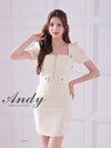 キャバドレス Andy アンディ　高級半袖スクエアネックフロントジップウエストリボンタイトミニドレス