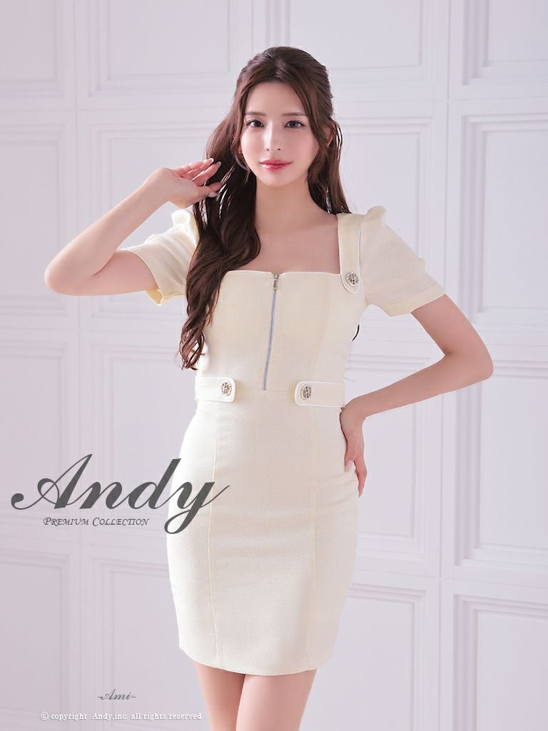 キャバドレス Andy アンディ　高級半袖スクエアネックフロントジップウエストリボンタイトミニドレス