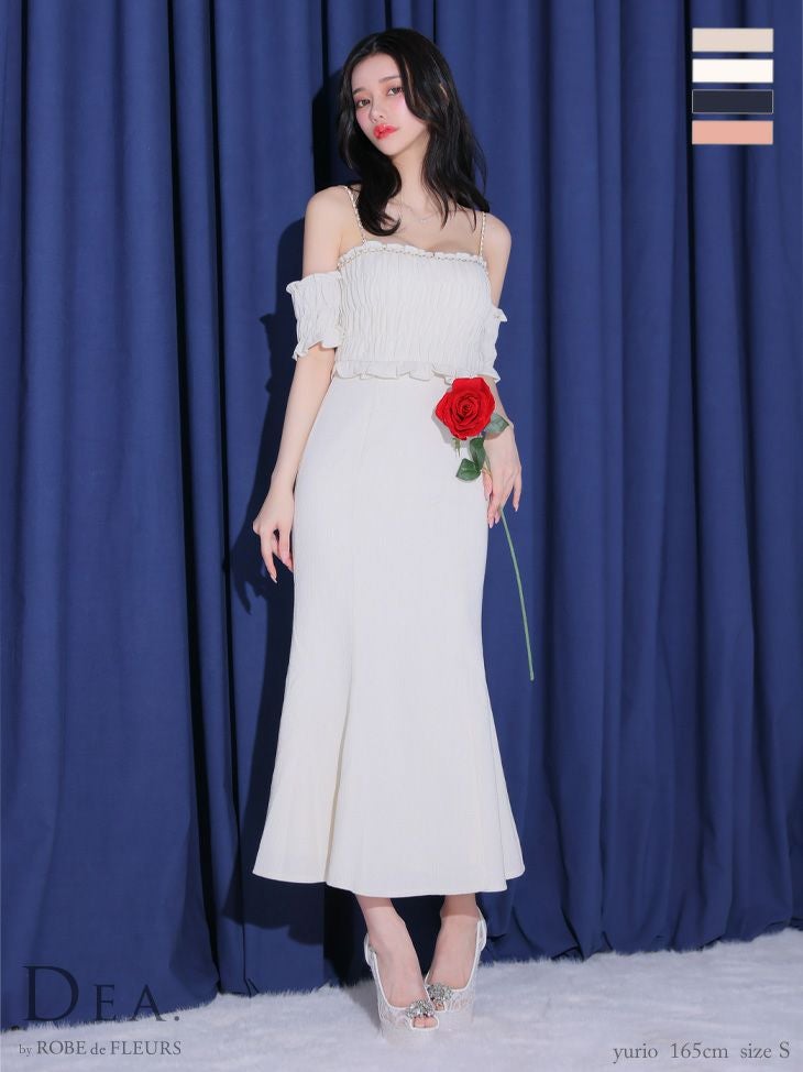 キャバドレス ロングドレス DEA.byROBEdeFLEURS ディアバイローブドフルール　高級オフショルダーフロントチェーンラメツイルギャザースリットタイトロングドレス