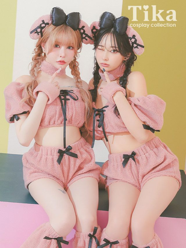 コスプレ 犬アニマル 6点set ふわもこ リボン へそ出しプードル (トップス/パンツ/カチューシャ/チョーカー/カフス/レッグカバー)【ハロウィン】[tk-hwjj2404]