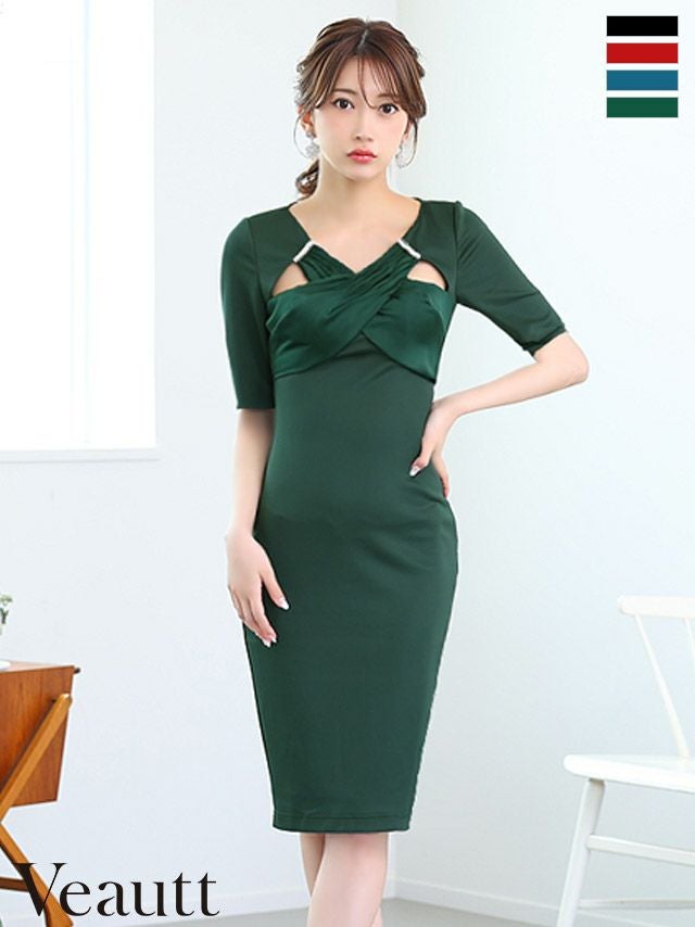 高級　バスト　クロスデザイン　ジップ　スリット　袖あり　タイト　膝丈ドレス