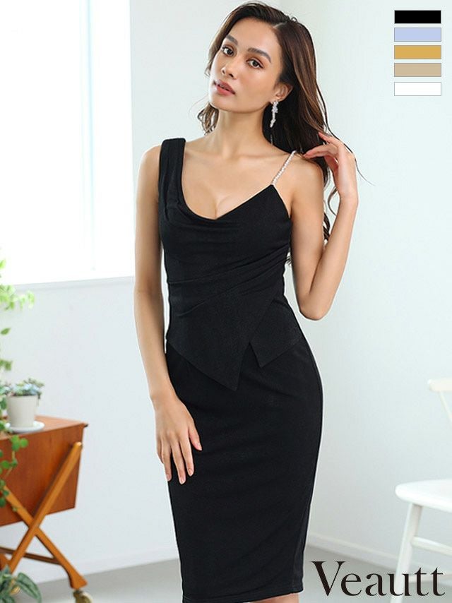 キャバドレス ミニドレス Angel-R エンジェルアール 高級バストドレープアシンメトリービジューノースリーブタイト膝丈ドレス