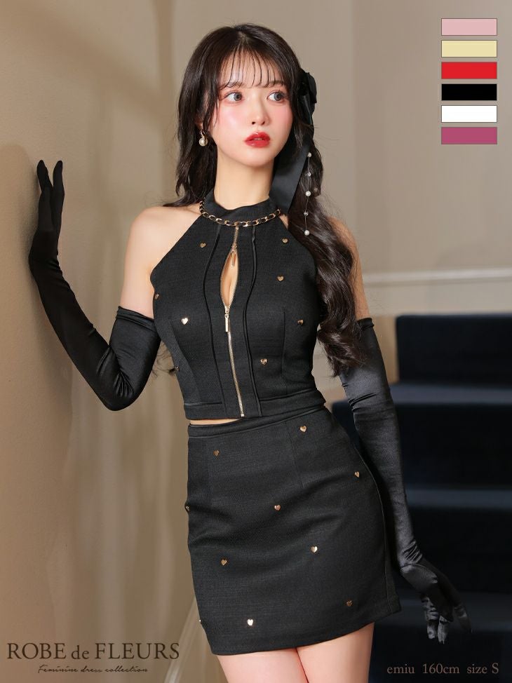 キャバドレス ミニドレス ROBEdeFLEURS ローブドフルール　 高級ハートスタッズホルターネックフロントジップゴールドチェーンセットアップタイトミニドレス