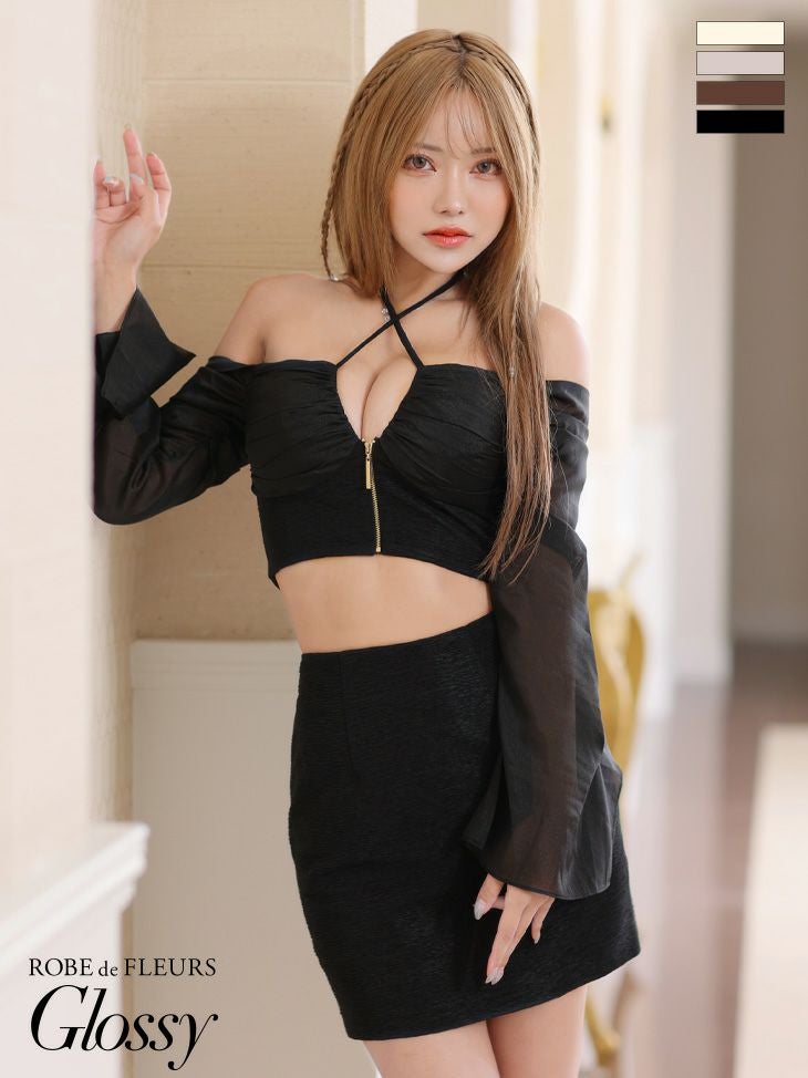 キャバドレス ミニドレス ROBEdeFLEURSGlossy ローブドフルールグロッシー高級肩あきジップ長袖シアースリーブセットアップタイトミニドレス