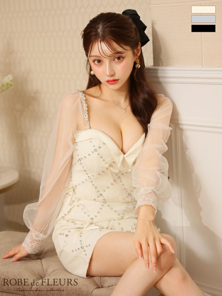 キャバドレス ミニドレス ROBEdeFLEURS ローブドフルール　高級チュール長袖ビジューランダムリボンセットアップタイトミニドレス