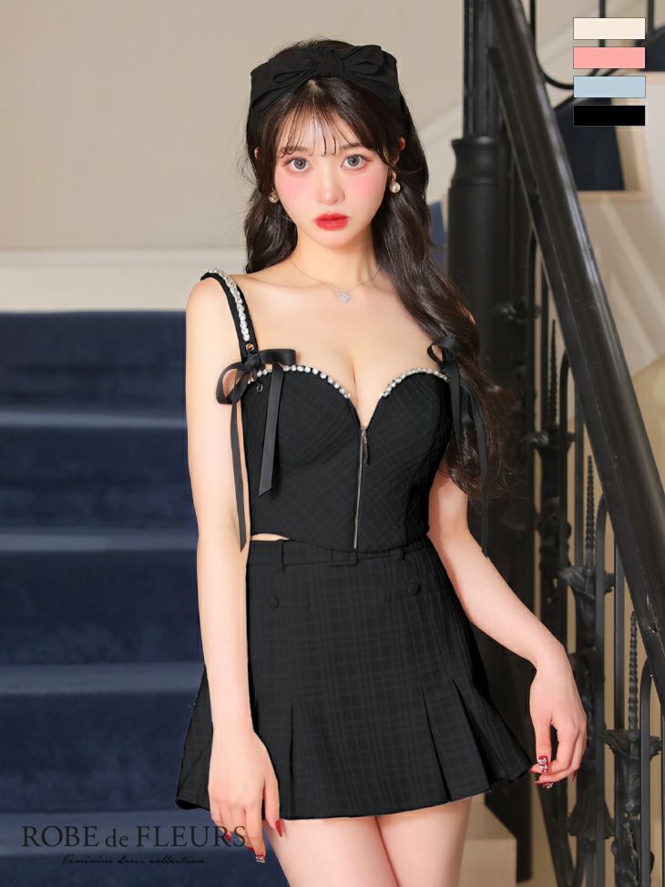 キャバドレス ミニドレス ROBEdeFLEURS ローブドフルール　　高級キャミソールリボンチェック柄ツイードウエストベルトジップビジューセットアップフレアミニドレス
